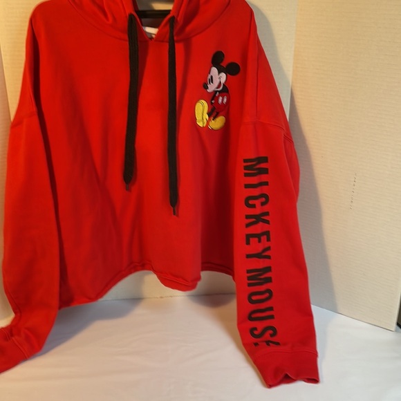 Mickey Mouse cropped red hoodie size Large. Black writing. Embroidered Mickey - Picture 3 of 12